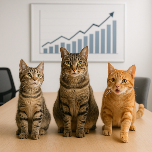 picture of three cats with a chart showing growth